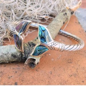 Women's Silver Bracelet, Abalone Shell and Mermaid Tail Bangle Bracelet